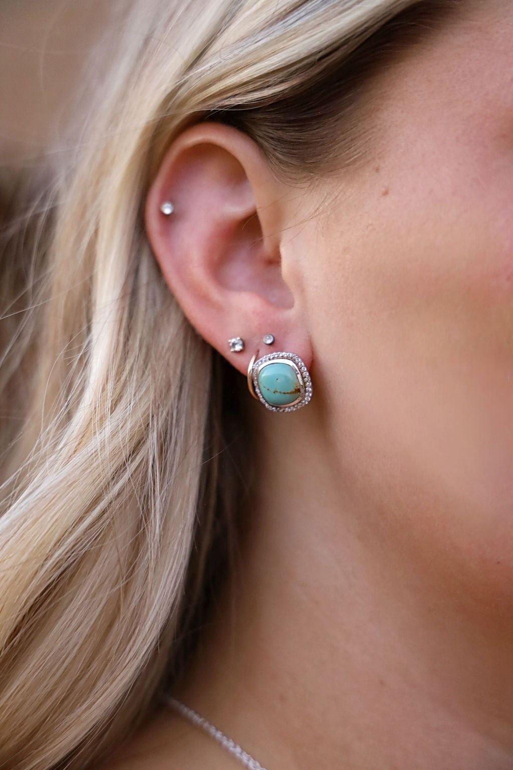 Turquoise & CZ Square Stud Earrings