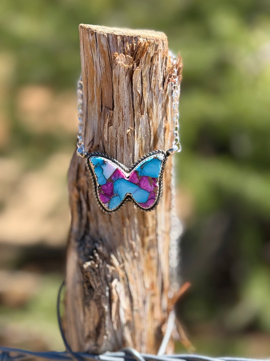 Cotton Candy Dahlia  Butterfly Necklace