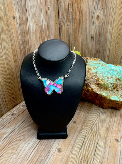 Cotton Candy Dahlia  Butterfly Necklace