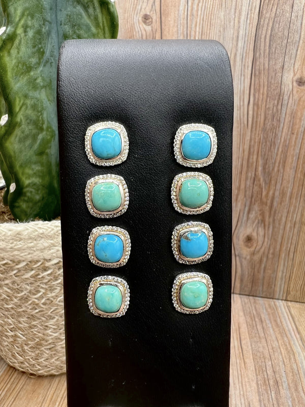 Turquoise & CZ Square Stud Earrings