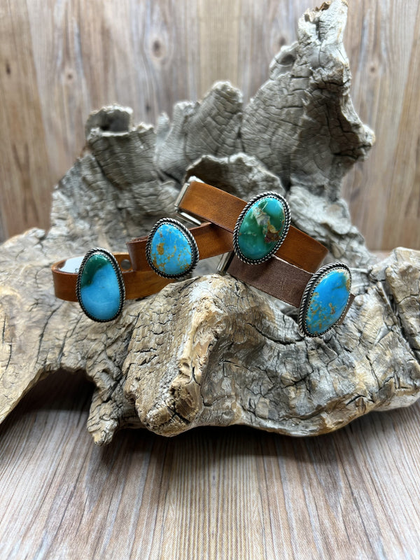 Kingman Turquoise Leather Cuffs