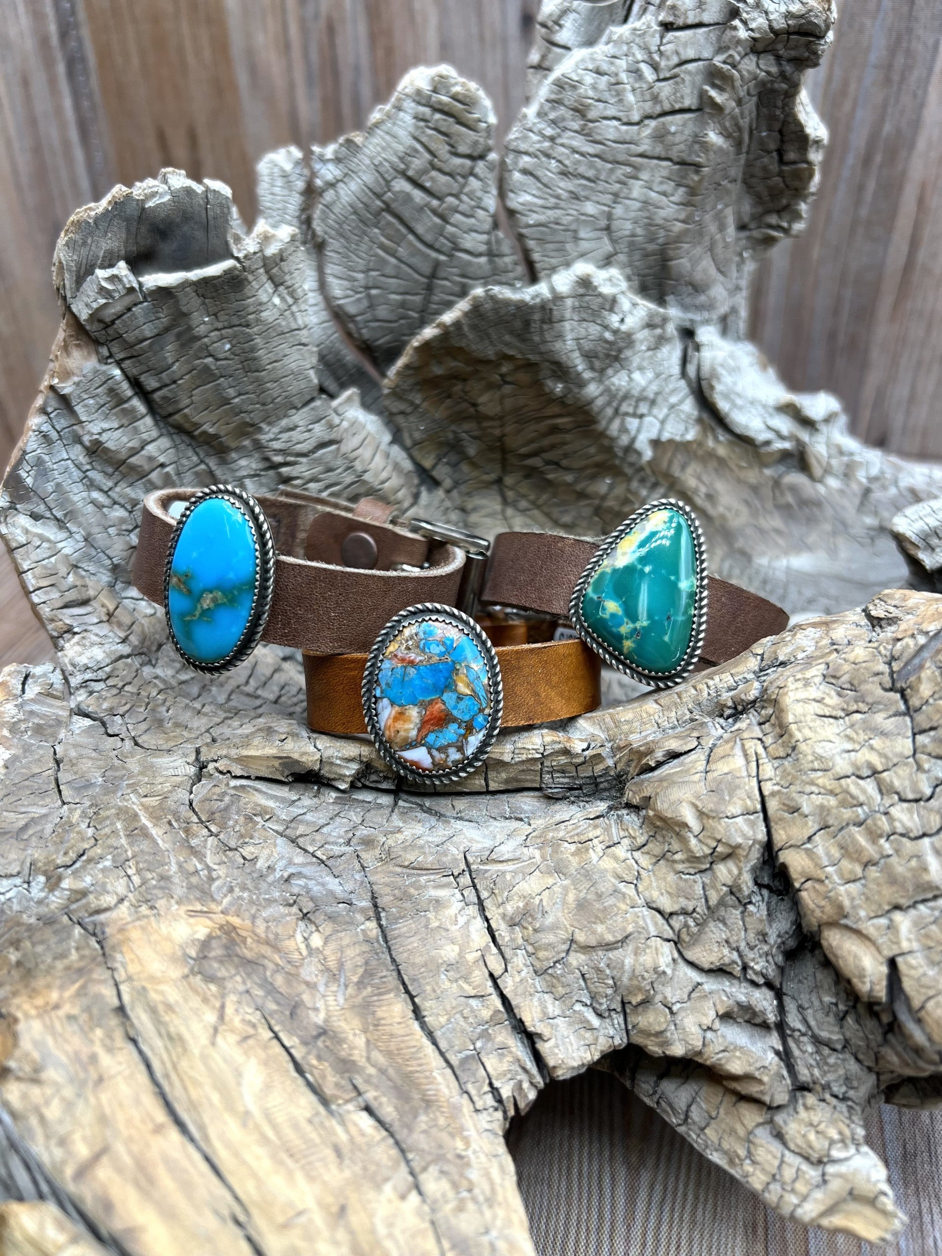 Kingman Turquoise Leather Cuffs