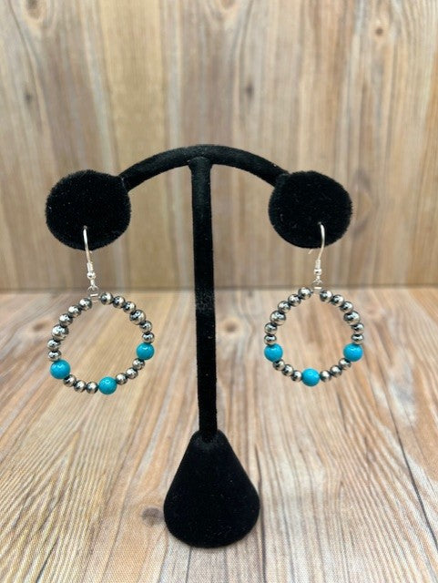 Small Silver Pearl & Turquoise Hoop Earrings